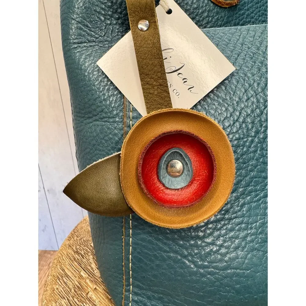 Genuine Leather Round Flower Purse Charm Brown Red Light Blue Boho Bag Charm